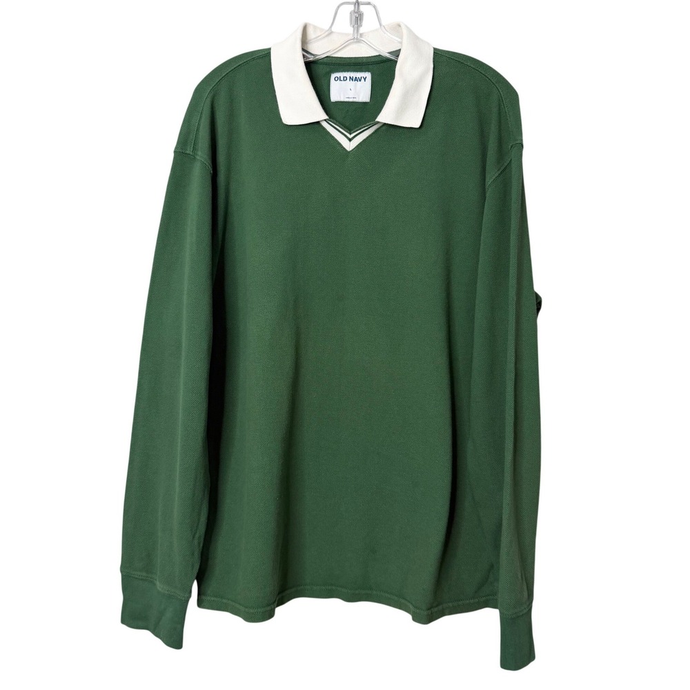 Old Navy Polo Shirt Mens L Green Long Sleeve V-Neck Pique Rugby Style Preppy